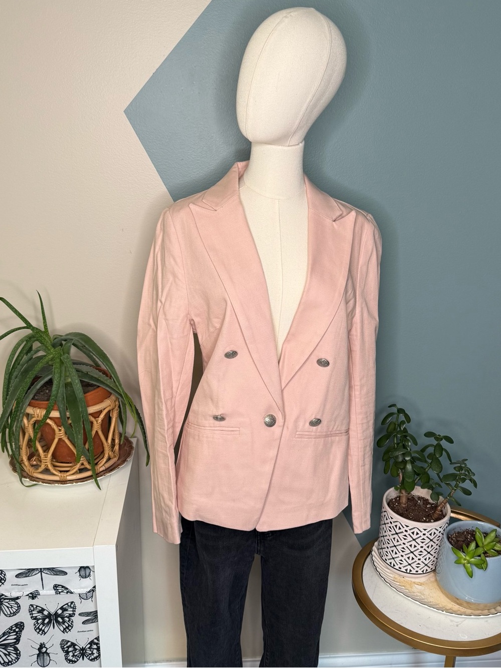 Evereve Blush Pink Military Button Double Breasted Cotton Blazer Medium - Picture 2 of 14